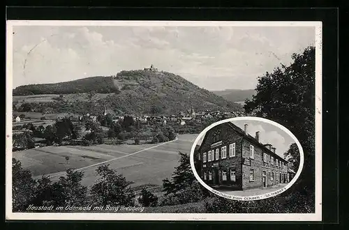 AK Neustadt i. Odenwald, Gasthaus zum Ochsen, Teilansicht mit Burg Breuberg