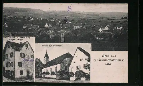 AK Grünmettstetten, Mass-Geschäft und Handlung Eugen Kaupp, Kirche mit Pfarrhaus, Teilansicht