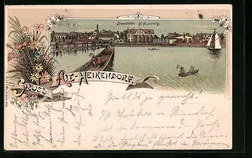 Lithographie Heikendorf, Strandhôtel H. Hartiwg mit Booten