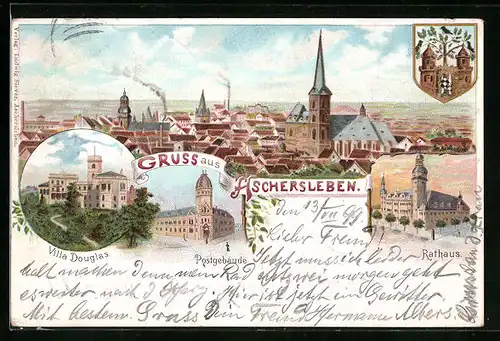 Lithographie Aschersleben, Villa DouglasRathaus, Postgebäude