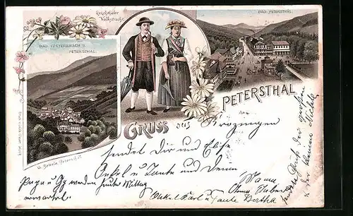 Lithographie Petersthal, Hotel Bad Petersthal, Renchthaler Volkstracht, Bad Freyersbach u. Teilansicht