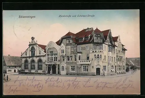 AK Schwenningen, Herdstrasse und schützen-Strasse mit Hotel Rössle