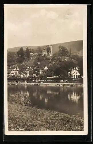 AK Neckarsteinach, Vorder Burg mit Hotel Harfe