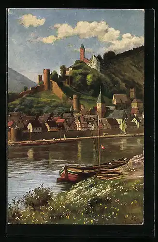 Künstler-AK Hirschhorn am Neckar, Uferpartie mit Boot