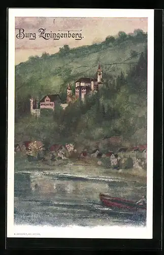 Künstler-AK Zwingenberg, Burg Zwingenberg mit Boot