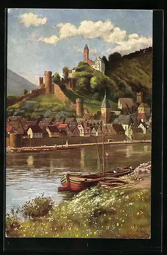 Künstler-AK Hirschhorn am Neckar, Uferpartie mit Boot