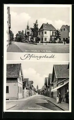 AK Pfungstadt, Seeheimerstrasse mit Geschäft, Bahnhofstrasse mit Katholischer Kirche