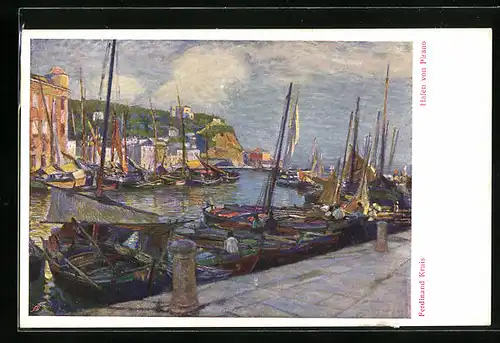 Künstler-AK Pirano, Hafenpartie mit Segelbooten