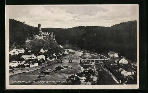 AK Kollmitzgraben im Thayatale, Uferpartie mit Brücke und Burg