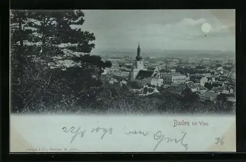 Mondschein-AK Baden b. Wien, Totalansicht mit Kirche