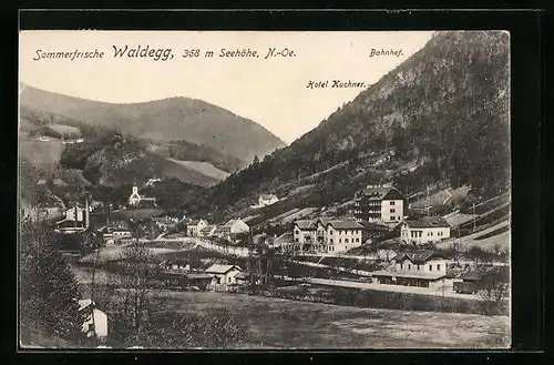 AK Waldegg, Totalansicht mit Bahnhof und Hotel Kuchner