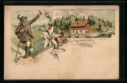 Lithographie Schottwien, Gasthaus am Sonnwendstein, Bergsteiger