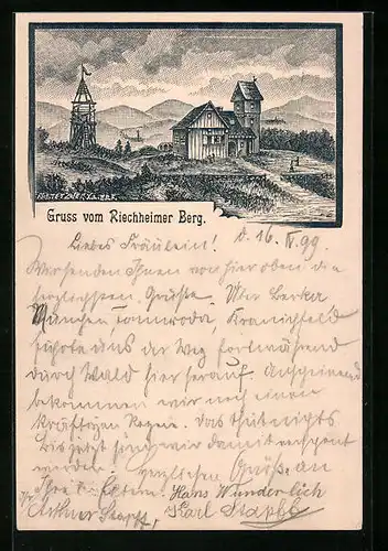 Lithographie Riechheimer Berg, Gasthaus und Aussichtsturm