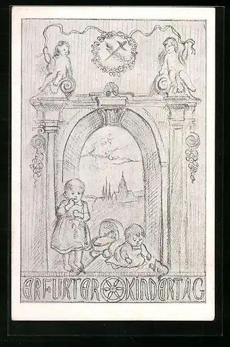 Künstler-AK Erfurt, Kindertag, Spielnde Kinder vor einem Portal