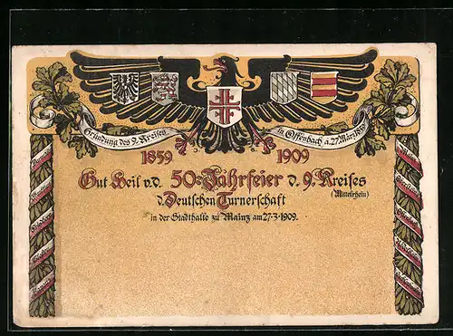 Lithographie Mainz, 50 Jahrfeier des 9. Kreises der Deutschen Turnerschaft 27.03.1909