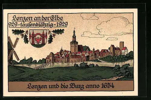 Steindruck-AK Lenzen /Elbe, Ortsansicht mit der Burg im Jahr 1654