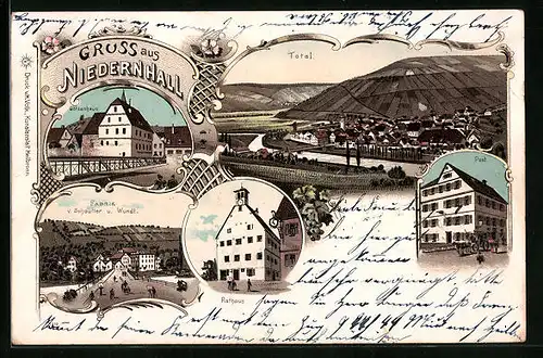 Lithographie Niedernhall, Götzenhaus, Post, Rathaus, Fabrik von Schaufler u. Wundt, Totalansicht