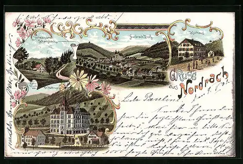 Lithographie Nordrach, Kurhaus, Dorfansicht, Partie aus dem Schanzbach, Sanatorium