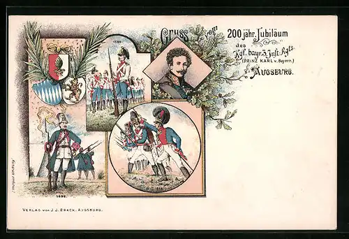 Lithographie Augsburg, 200 jähr. Jubiläum des Königlichen, bayrischen 3 Infanterie-Regiments