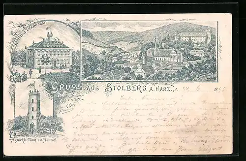 Vorläufer-Lithographie Stolberg /Harz, 1895, Jagdschloss Eichenforst, Aussichtsturm am Hunrod, Gesamtansicht