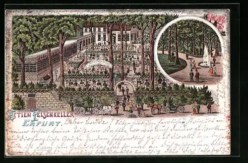 Lithographie Erfurt, Gasthaus Actien-Felsenkeller mit Kundschaft