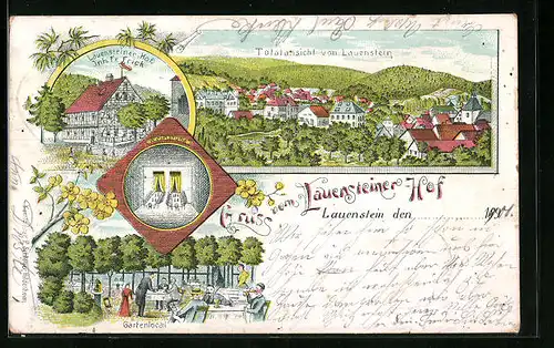 Lithographie Lauenstein, Gasthaus Lauensteiner Hof, Gartenlokal, Totalansicht