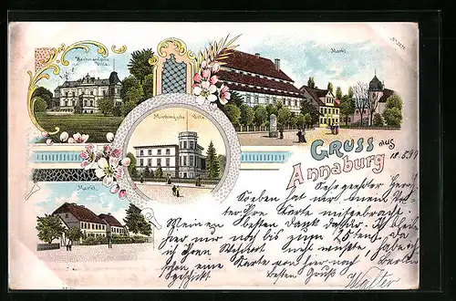Lithographie Annaburg, Heckmann`sche Villa, Markt, Strassenpartie