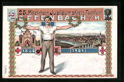 Lithographie Offenbach /Main, 25. Mittelrhein. Jubiläums-Kreis-Turnfest in 1901