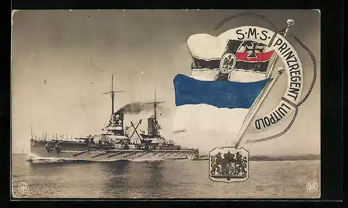 AK Kriegsschiff S. M. S. Prinzregent Luitpold in voller Fahrt, Rettungsring und Fahnen