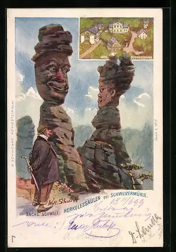 Künstler-AK Schwenke Ser. 4 Nr. 5: Herkulessäulen bei Schweizermühle, Berg mit Gesicht / Berggesichter
