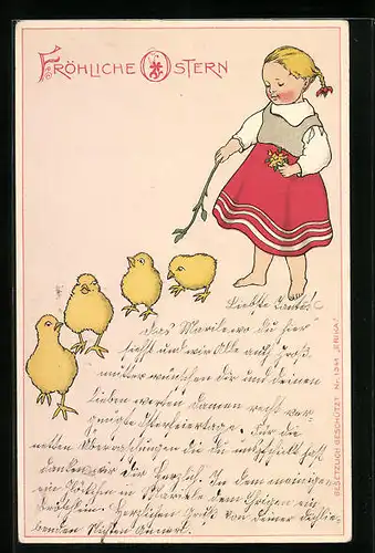 Künstler-AK Gertrud Caspari: Mädchen mit Osterküken