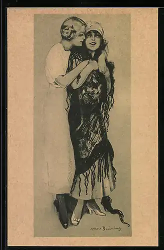 Künstler-AK Max Brüning: Nord und Süd, Frauen umarmen sich