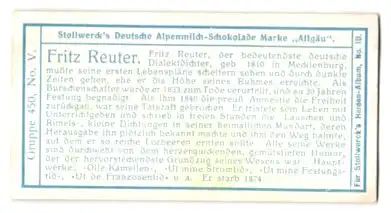 Sammelbild Stollwerck`s Deutsche Alpenmilch-Schokolade Allgäu, Fritz Reuter