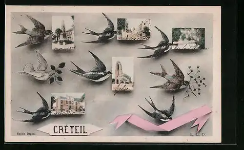 AK Crèteil, Fünf Ansichten aus dem Ort mit Schwalben