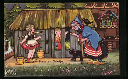 Künstler-AK Margret Boriss: Hänsel und Gretel mit Hexe