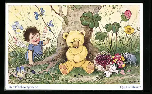 Künstler-AK Fritz Baumgarten: Der Pflichtvergessene, Teddy am Baum