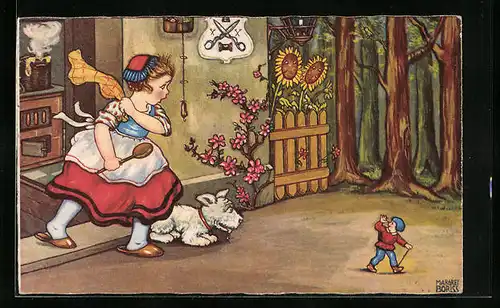Künstler-AK Margret Boriss: Mädchen mit Hund verfolgt den Däumling