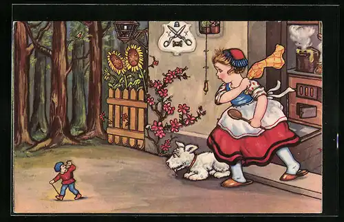 Künstler-AK Margret Boriss: Mädchen mit Hund verfolgt den Däumling