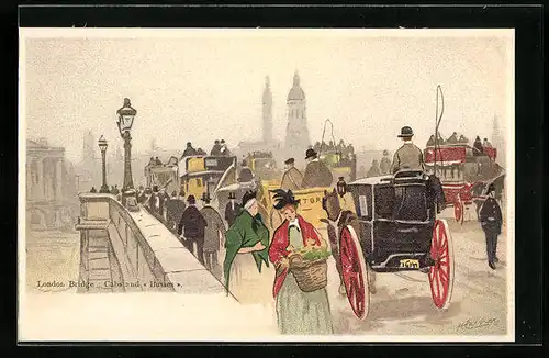 Künstler-AK Henri Cassiers: London, Bridge-Cabs and Busses