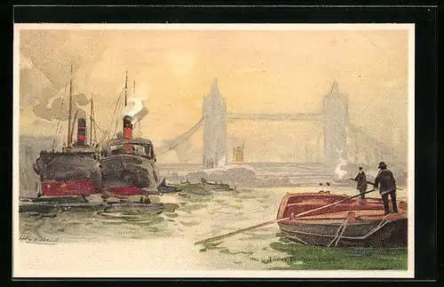Künstler-AK Henri Cassiers: London, Tower Bridge - Barges