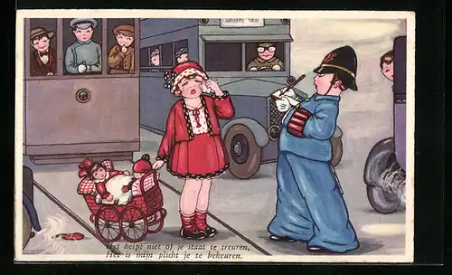 Künstler-AK Margret Boriss unsign.: Polizist verwarnt Mädchen mit Puppenwagen
