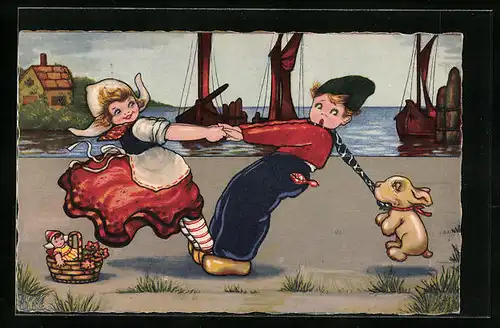 Künstler-AK Margret Boriss unsign.: Hund behindert junges Paar beim Tanz