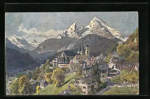 Künstler-AK Edward Harrison Compton: Berchtesgaden aus der Vogelschau
