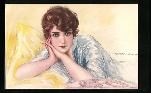 Künstler-AK Tito Corbella: Nachdenklich blickende junge Frau