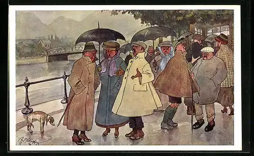Künstler-AK Fritz Schönpflug: Menschen bei Regen mit Regenschirmen am Fluss