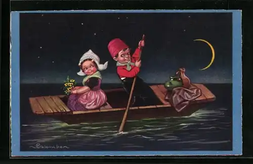 Künstler-AK E. Colombo: Mädchen und Junge bei Mondschein auf einem Boot