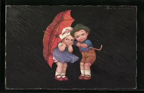 Künstler-AK E. Colombo: Junge und Mädchen bei Regen unterm Schirm