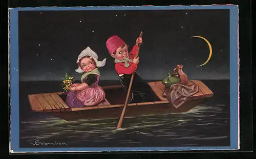 Künstler-AK E. Colombo: Mädchen und Junge bei Mondschein auf einem Boot