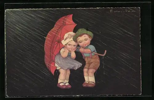 Künstler-AK E. Colombo: Junge und Mädchen bei Regen unterm Schirm