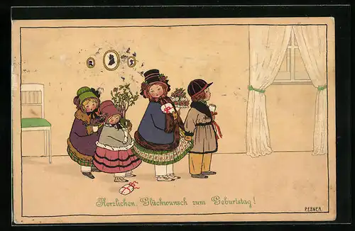 Künstler-AK Pauli Ebner: Kinder gratulieren zum Geburtstag